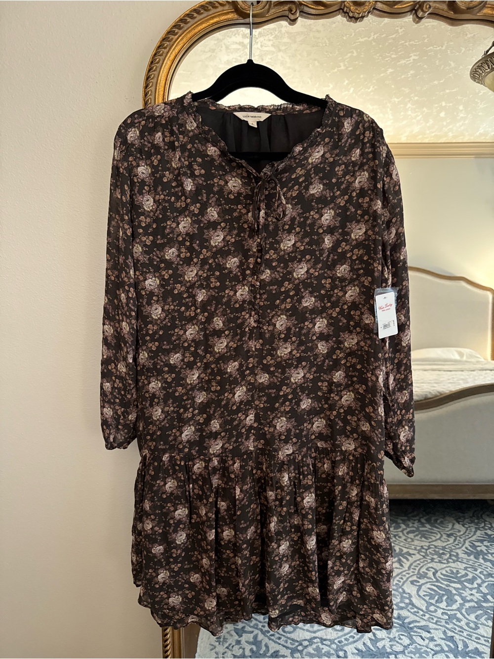 Brand New Lucky Brand Brown Floral Long Sleeve Tie-Neck Dress